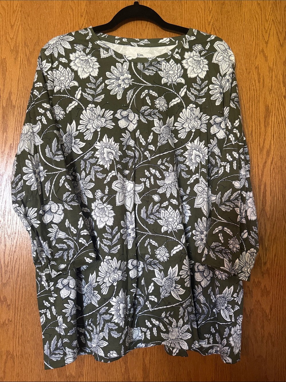 Kim Rogers Olive & White Floral Peplum 3/4 Sleeve Blouse